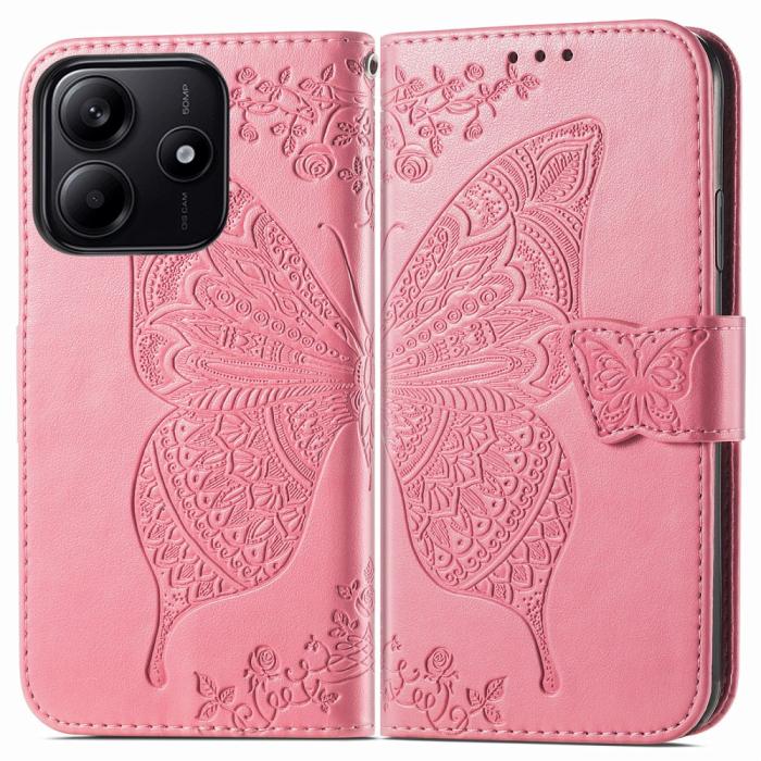 Bild 1, Xiaomi Redmi Note 14 5G Fodral Läder Fjäril Tryck Rosa