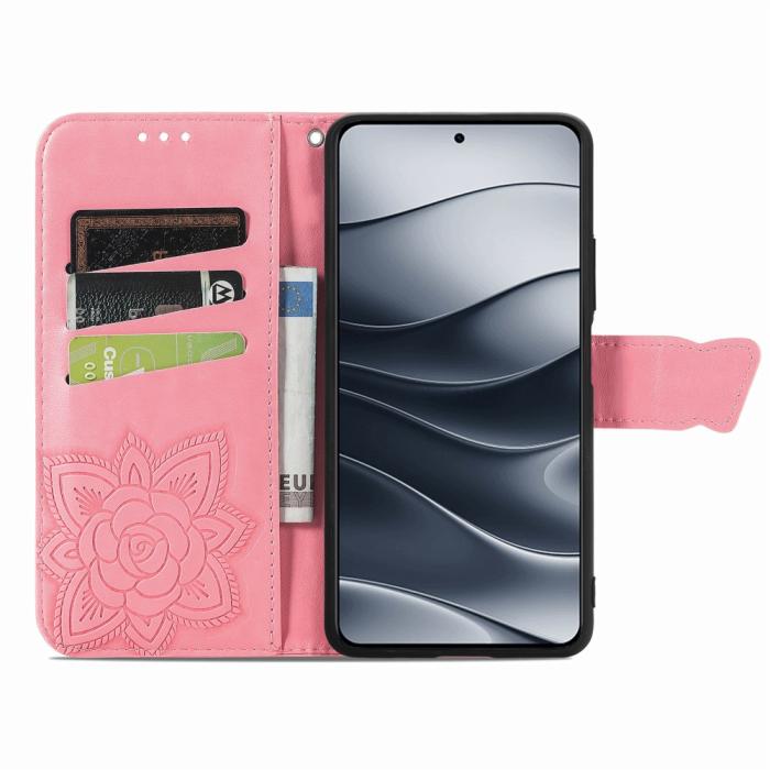 Bild 2, Xiaomi Redmi Note 14 5G Fodral Läder Fjäril Tryck Rosa
