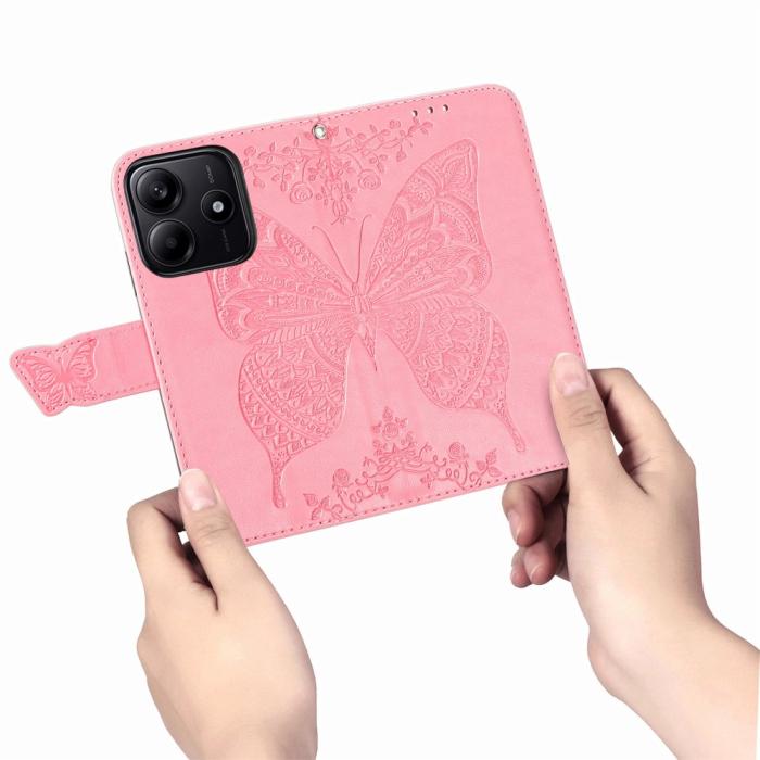 Bild 4, Xiaomi Redmi Note 14 5G Fodral Läder Fjäril Tryck Rosa
