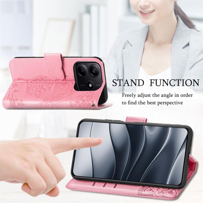 Bild 5, Xiaomi Redmi Note 14 5G Fodral Läder Fjäril Tryck Rosa