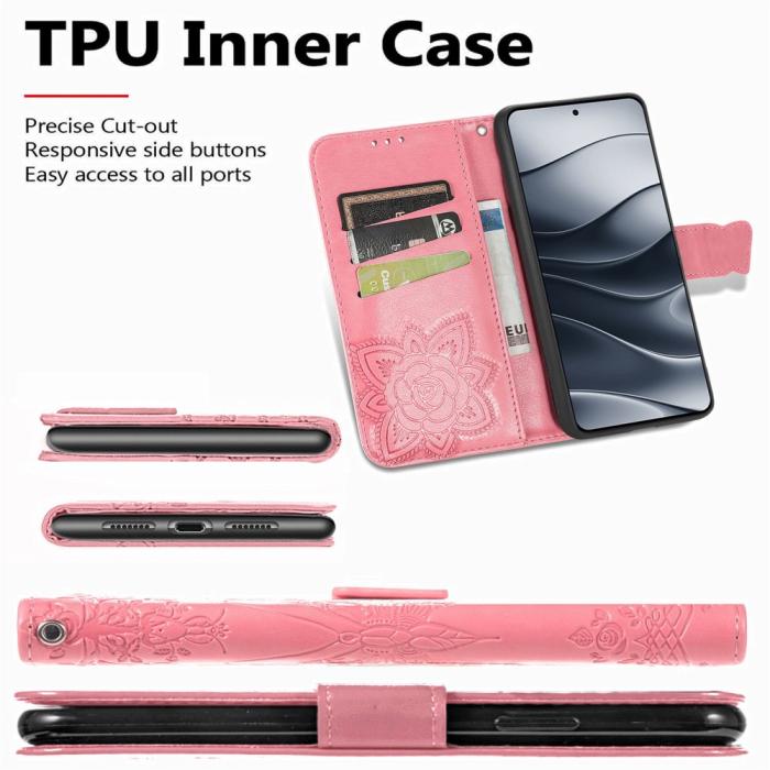 Bild 6, Xiaomi Redmi Note 14 5G Fodral Läder Fjäril Tryck Rosa