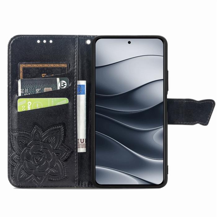 Bild 2, Xiaomi Redmi Note 14 5G Fodral Läder Fjäril Tryck Svart