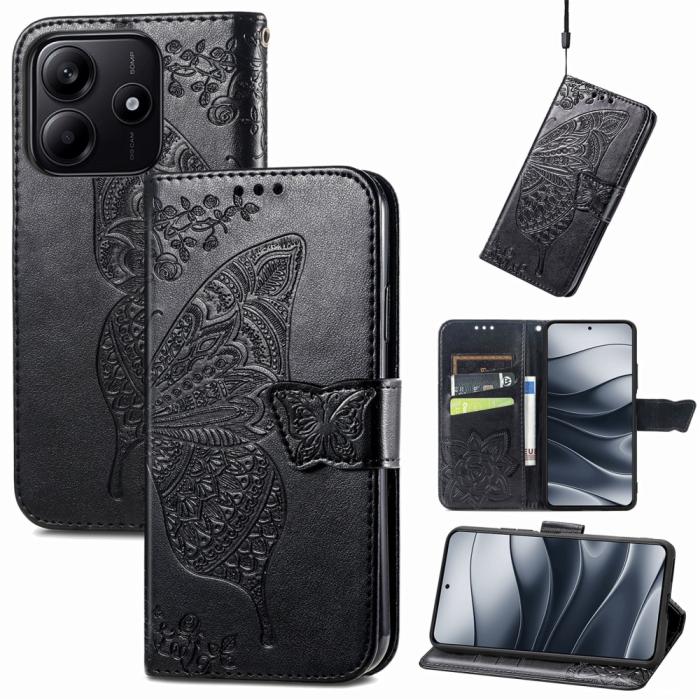 Bild 5, Xiaomi Redmi Note 14 5G Fodral Läder Fjäril Tryck Svart