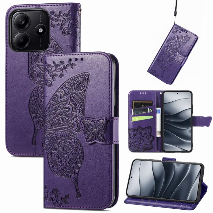 Bild 4, Xiaomi Redmi Note 14 5G Fodral Läder Fjäril Tryck Mörk Lila