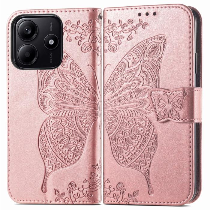 Bild 1, Xiaomi Redmi Note 14 5G Fodral Läder Fjäril Tryck Roséguld