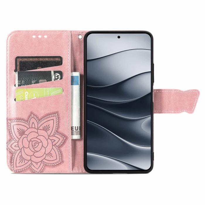 Bild 2, Xiaomi Redmi Note 14 5G Fodral Läder Fjäril Tryck Roséguld