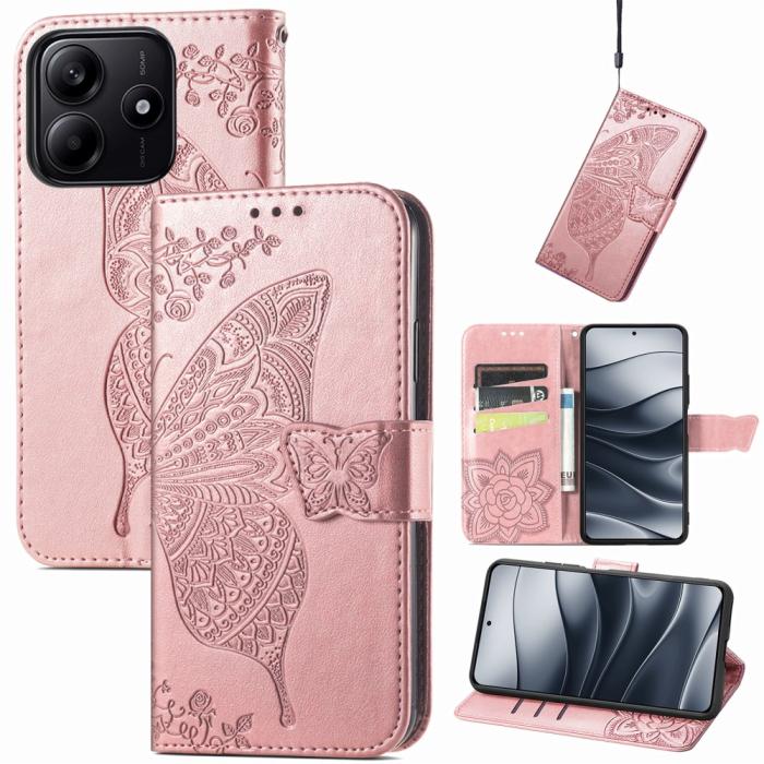 Bild 6, Xiaomi Redmi Note 14 5G Fodral Läder Fjäril Tryck Roséguld
