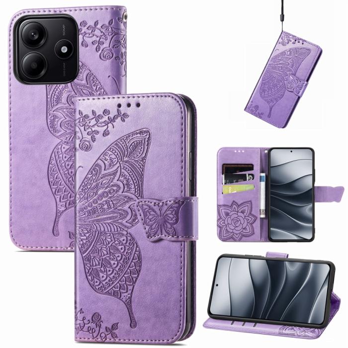 Bild 4, Xiaomi Redmi Note 14 5G Fodral Läder Fjäril Tryck Lila