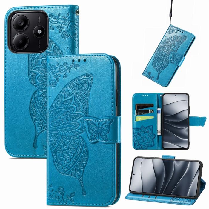 Bild 5, Xiaomi Redmi Note 14 5G Fodral Läder Fjäril Tryck Blå