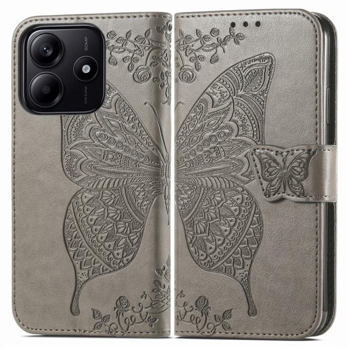 Bild 1, Xiaomi Redmi Note 14 5G Fodral Läder Fjäril Tryck Grå