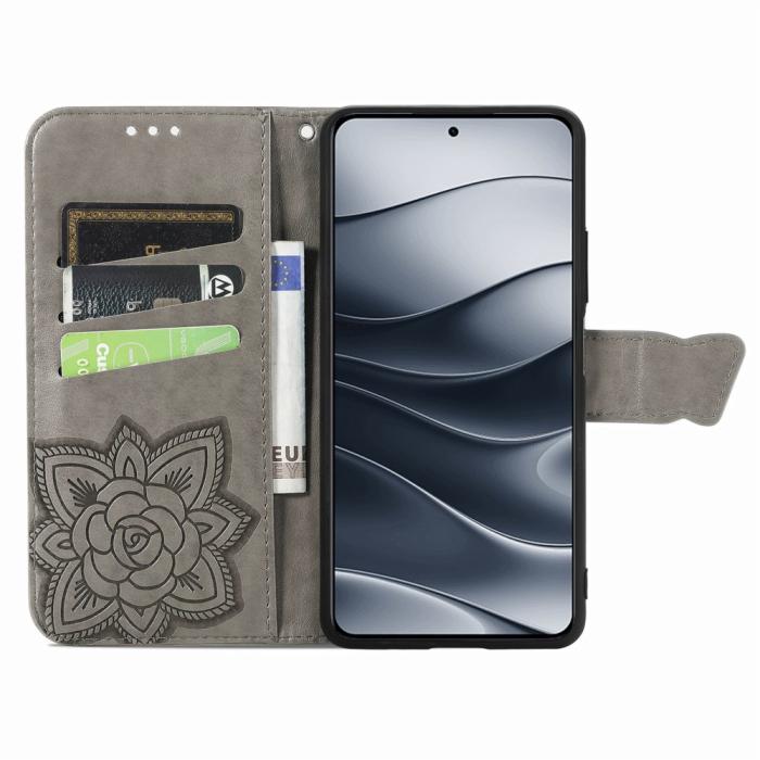 Bild 2, Xiaomi Redmi Note 14 5G Fodral Läder Fjäril Tryck Grå