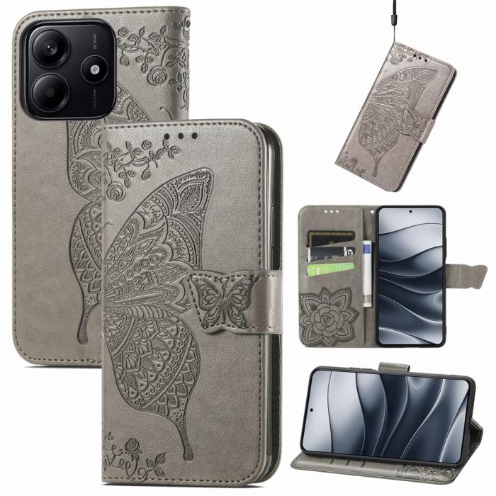 Bild 4, Xiaomi Redmi Note 14 5G Fodral Läder Fjäril Tryck Grå