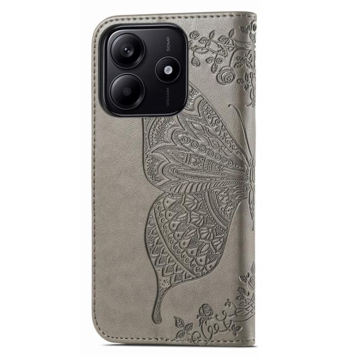 Bild 6, Xiaomi Redmi Note 14 5G Fodral Läder Fjäril Tryck Grå