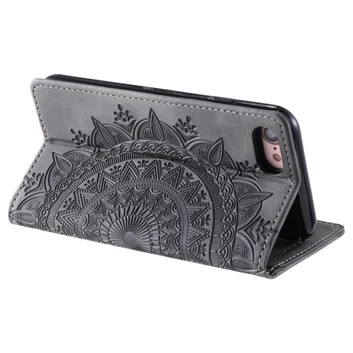 Bild 3, iPhone 16e Fodral Flip Mandala Läder Grå
