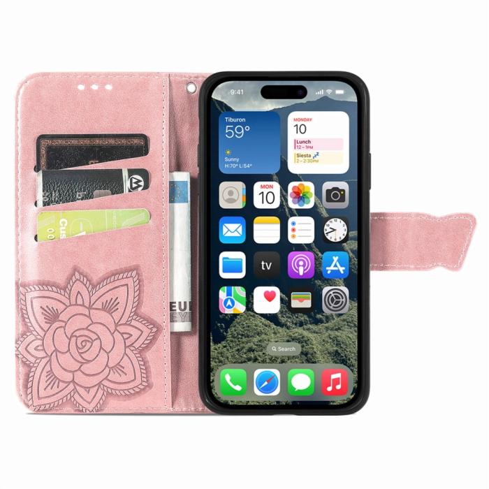 Bild 3, iPhone 16e Fodral Med Fjäril Tryck Roséguld