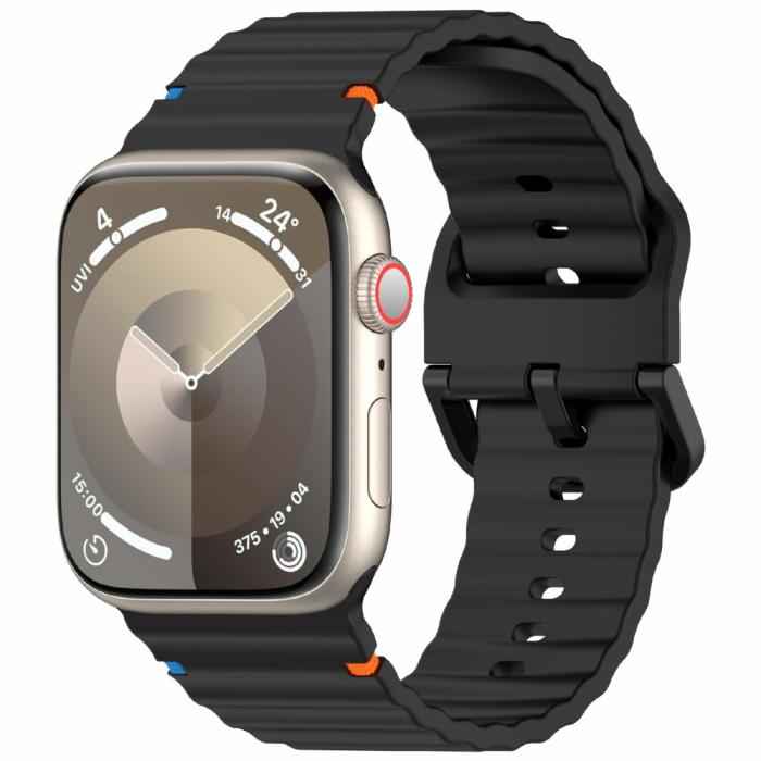 Bild 2, Apple Watch 42/44/45/46/49 mm Armband Silikon Wave Svart