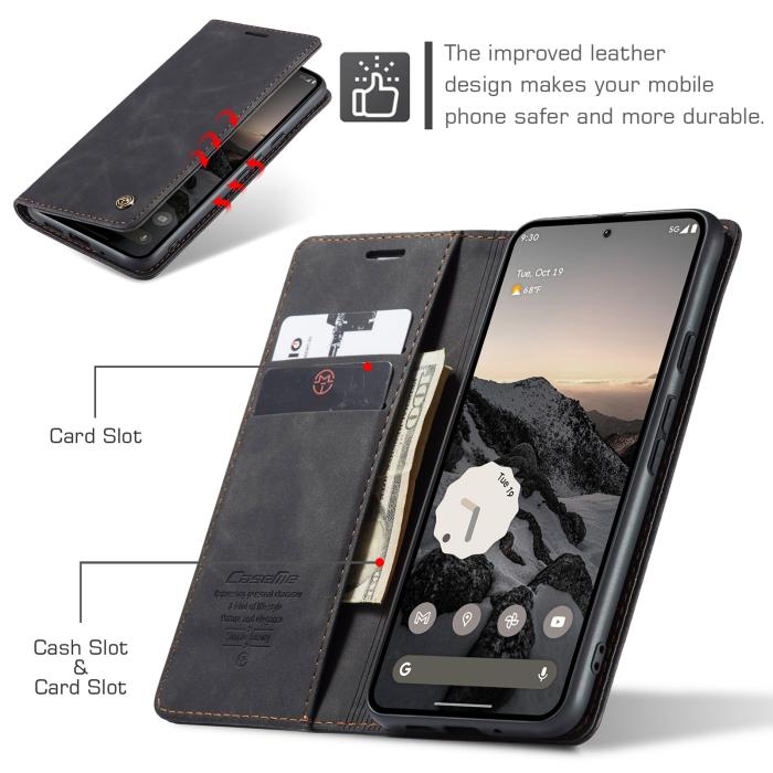 Bild 3, CASEME Google Pixel 10/10 Pro Fodral Flip Retro Läder Svart