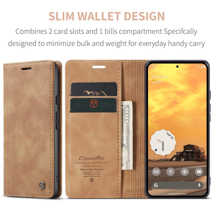 Bild 2, CASEME Google Pixel 10/10 Pro Fodral Flip Retro Läder Brun