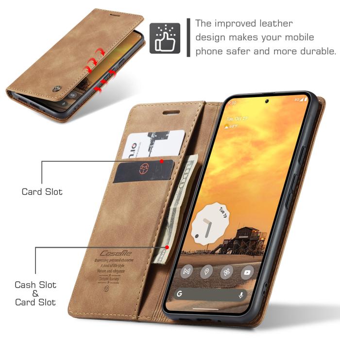 Bild 3, CASEME Google Pixel 10/10 Pro Fodral Flip Retro Läder Brun