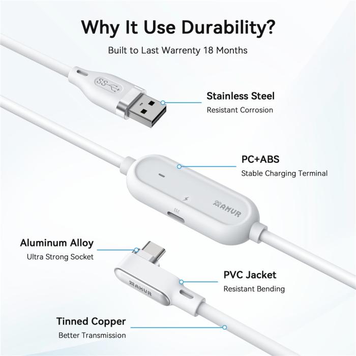 Bild 4, AMVR 5m 18W Link Kabel Med Laddningsport USB-C Vit