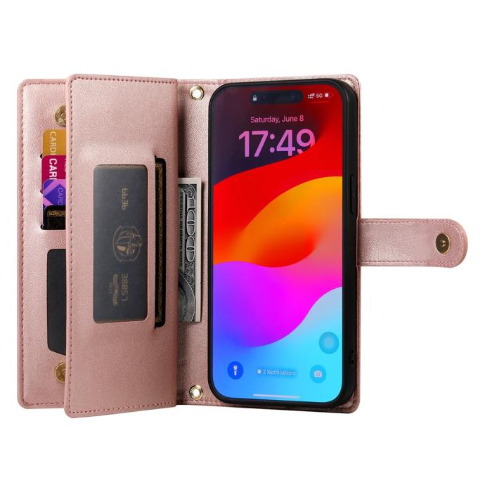 Bild 2, iPhone 17 Pro Max Fodral Multifunktionell Läder Roséguld