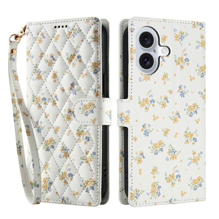 Bild 1, iPhone 17 Fodral Rhombus Läder Blommor Vit
