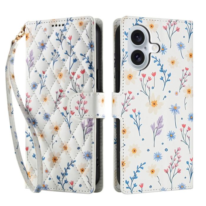 Bild 1, iPhone 17 Fodral Rhombus Läder Blommor Vit