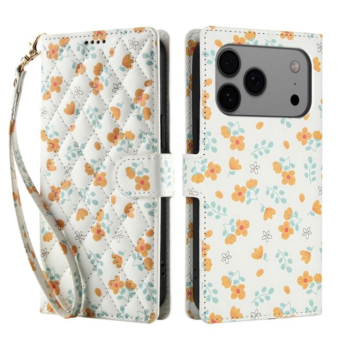 Bild 1, iPhone 17 Pro Fodral Rhombus Läder Blommor Vit
