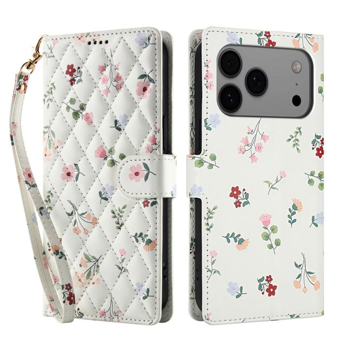 Bild 1, iPhone 17 Pro Fodral Rhombus Läder Blommor Vit