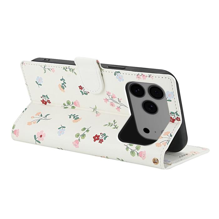 Bild 3, iPhone 17 Pro Fodral Rhombus Läder Blommor Vit
