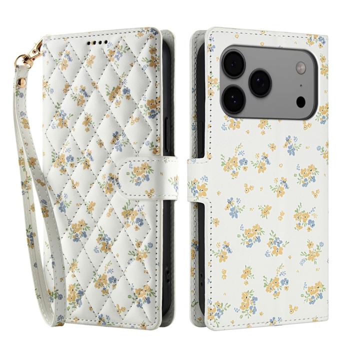 Bild 1, iPhone 17 Pro Fodral Rhombus Läder Blommor Vit