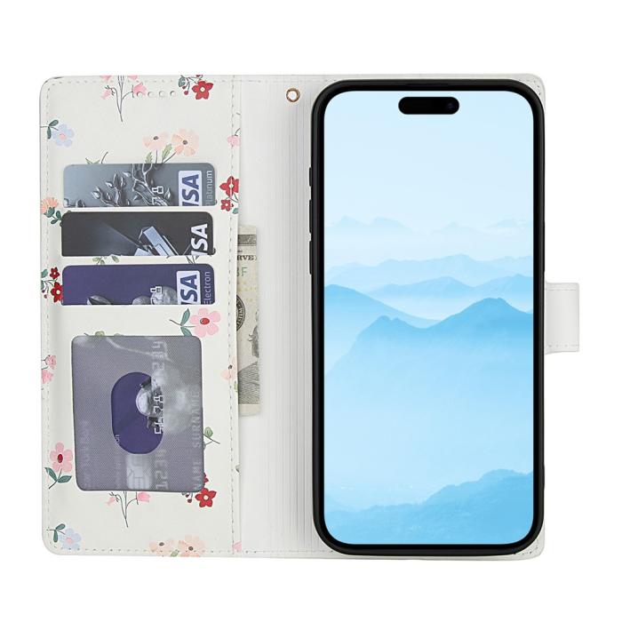 Bild 2, iPhone 16 Pro Max Fodral Rhombus Läder Blommor Vit