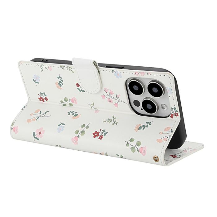 Bild 3, iPhone 16 Pro Max Fodral Rhombus Läder Blommor Vit