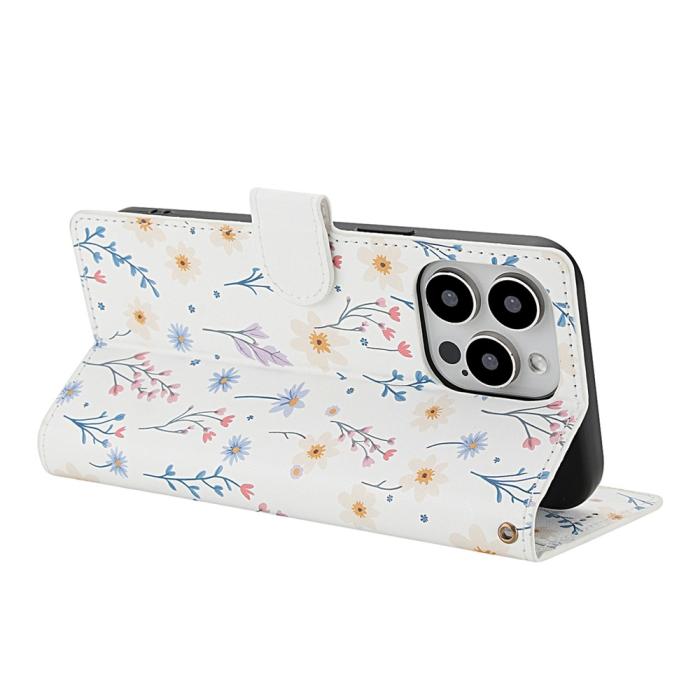 Bild 3, iPhone 16 Pro Max Fodral Rhombus Läder Blommor Vit
