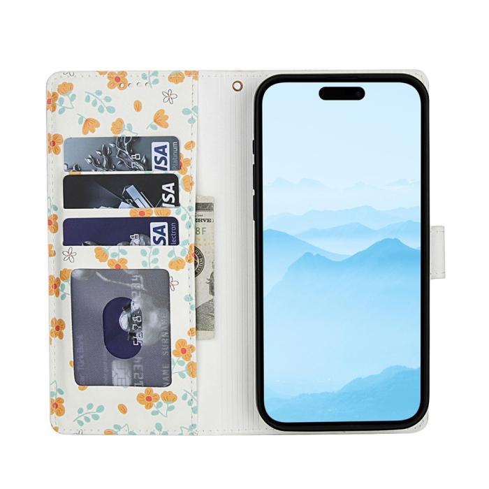 Bild 2, iPhone 16 Pro Max Fodral Rhombus Läder Blommor Vit