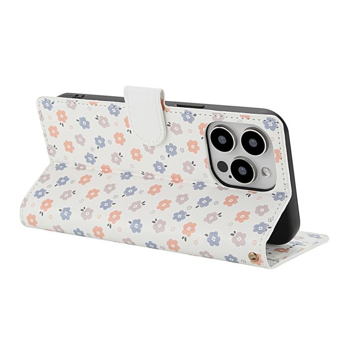 Bild 3, iPhone 16 Pro Max Fodral Rhombus Läder Blommor Vit