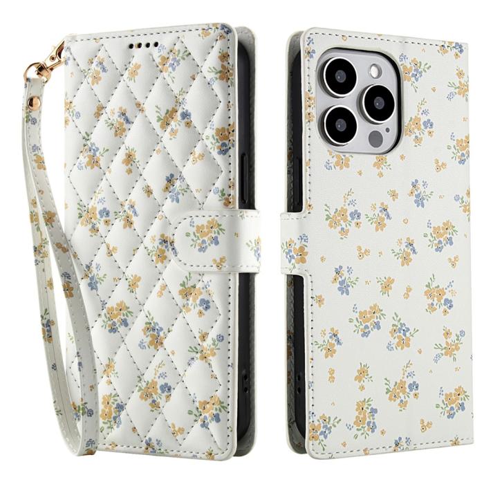 Bild 1, iPhone 16 Pro Max Fodral Rhombus Läder Blommor Vit
