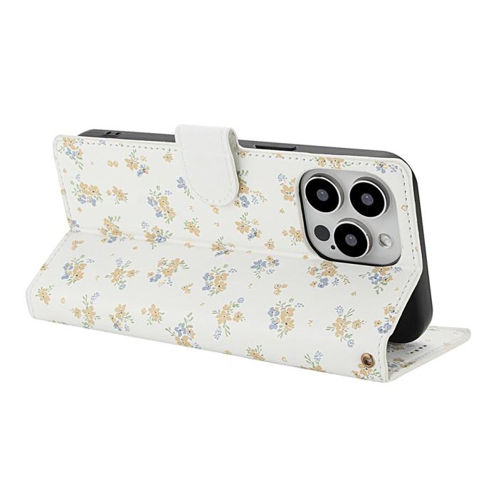 Bild 3, iPhone 16 Pro Max Fodral Rhombus Läder Blommor Vit