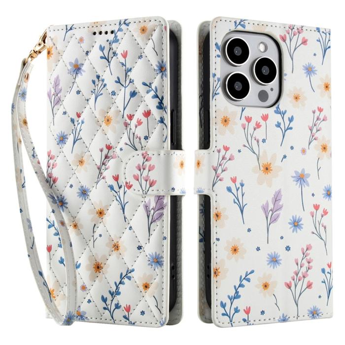 Bild 1, iPhone 16 Pro Fodral Rhombus Läder Blommor Vit