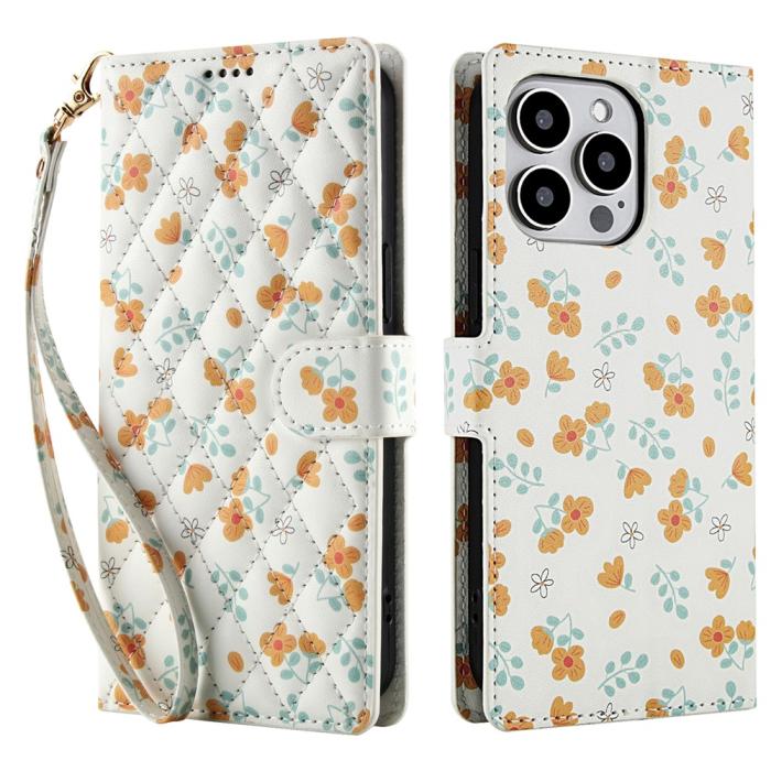 Bild 1, iPhone 16 Pro Fodral Rhombus Läder Blommor Vit