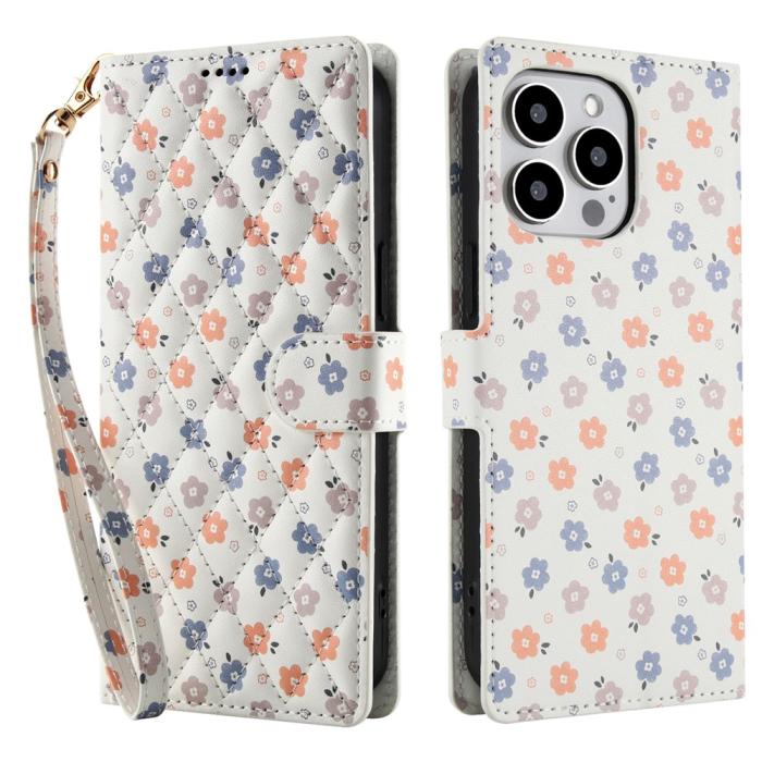 Bild 1, iPhone 16 Pro Fodral Rhombus Läder Blommor Vit