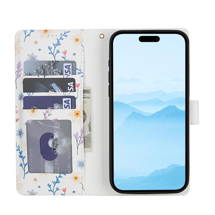 Bild 2, iPhone 16 Fodral Rhombus Läder Blommor Vit