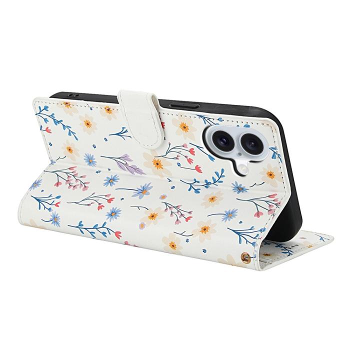 Bild 3, iPhone 16 Fodral Rhombus Läder Blommor Vit