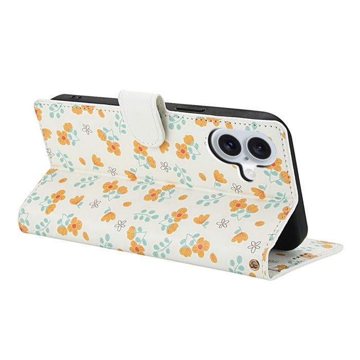 Bild 3, iPhone 16 Fodral Rhombus Läder Blommor Vit