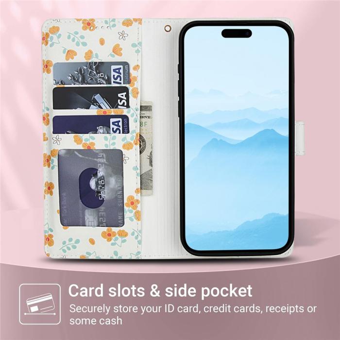 Bild 6, iPhone 16 Fodral Rhombus Läder Blommor Vit
