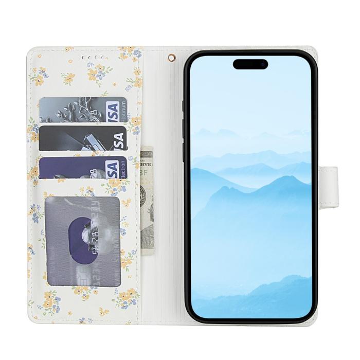 Bild 2, iPhone 16 Fodral Rhombus Läder Blommor Vit