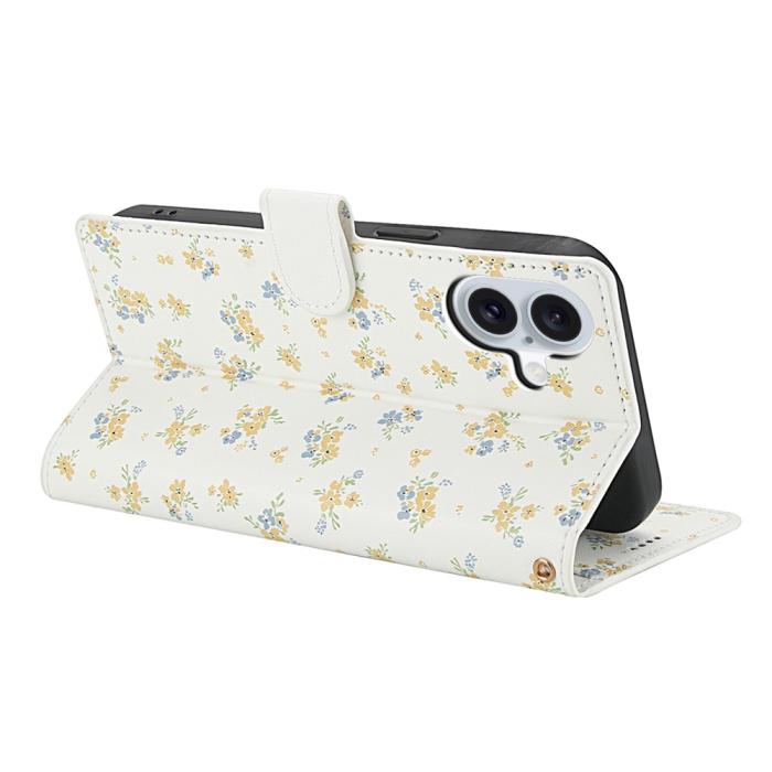 Bild 3, iPhone 16 Fodral Rhombus Läder Blommor Vit