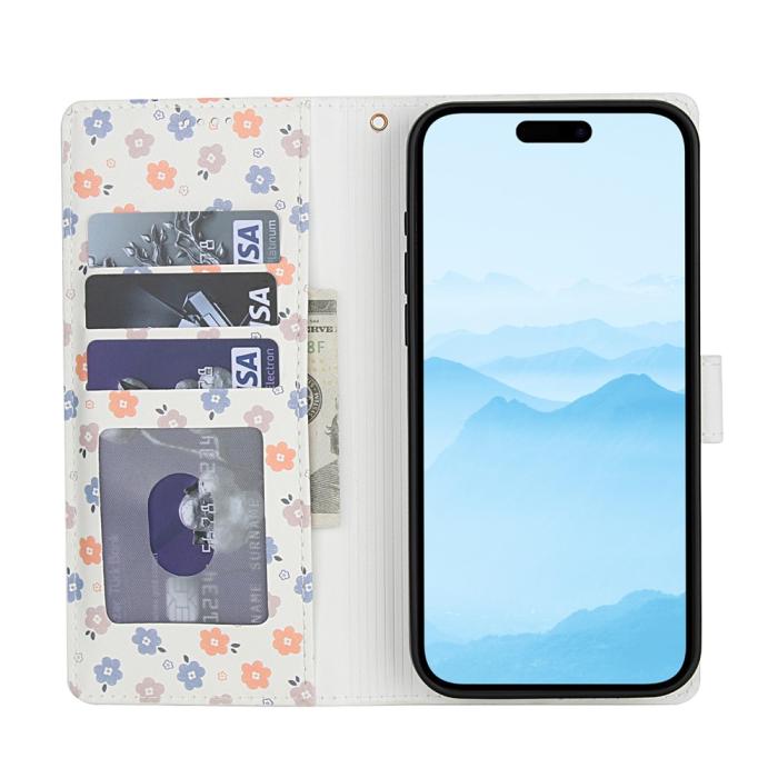 Bild 2, iPhone 16 Fodral Rhombus Läder Blommor Vit