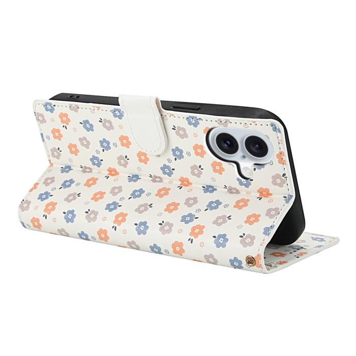 Bild 3, iPhone 16 Fodral Rhombus Läder Blommor Vit