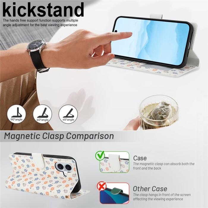 Bild 4, iPhone 16 Fodral Rhombus Läder Blommor Vit